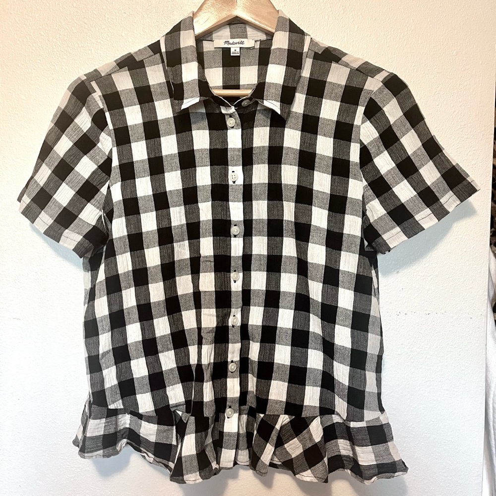 Madewell Black & White Checkered Button-Down Shirt, Ruffled Hem Short Sleeve M